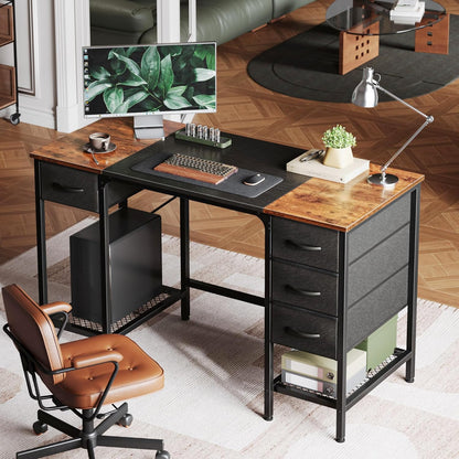 47-Inch Computer Desk with Four Drawers and Mesh Shelf, Versatile Office and Gaming Desk with Ample Storage for Home Office, Study, and Bedroom, Rustic Brown and Black Finish