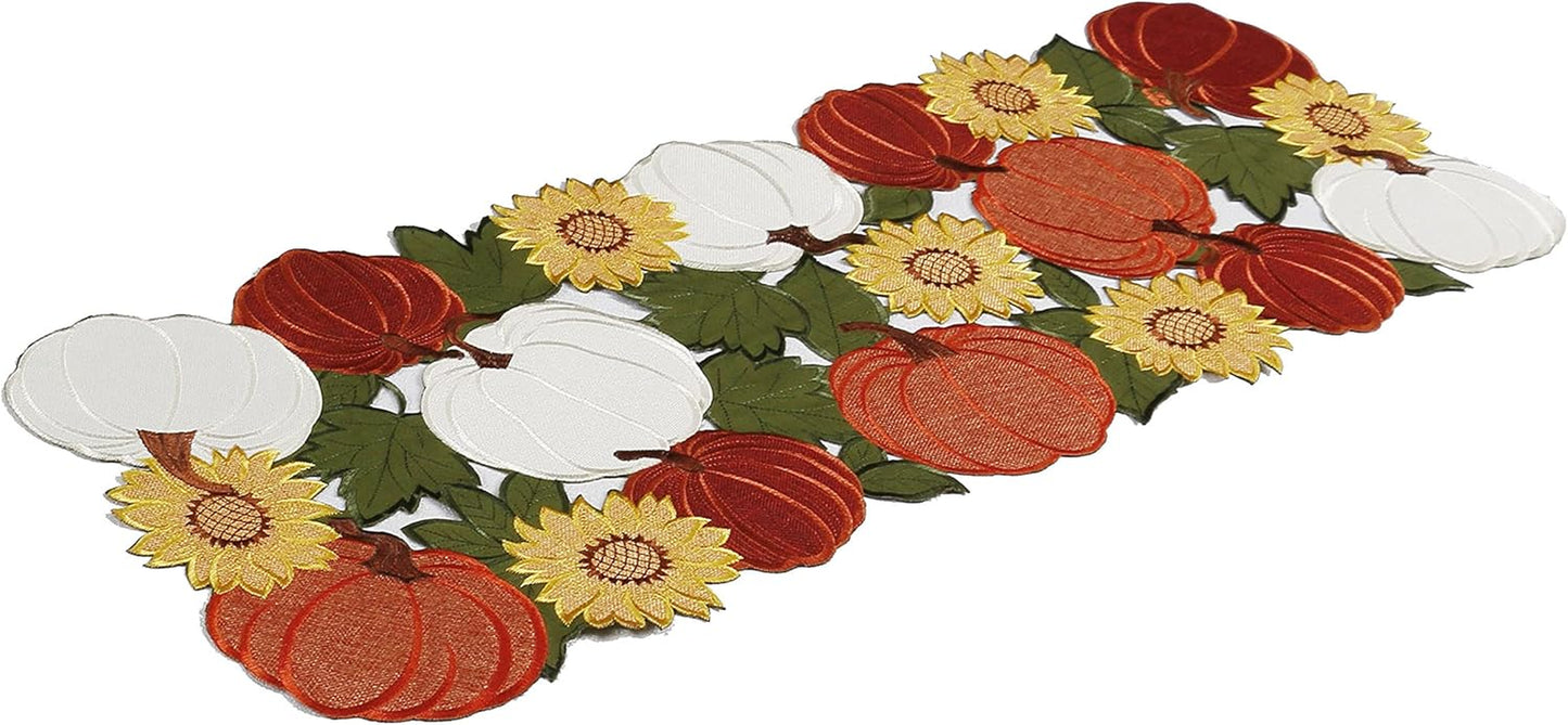 Thanksgiving Table Runner 36 Inches Long, Small Short Fall Table Runner, Boho Farmhouse Embroidered Table Centerpieces with Pumpkins and Sunflowers, Fall Decor for Home , 13 Inch X 36 Inch
