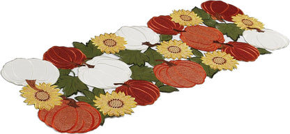 Thanksgiving Table Runner 36 Inches Long, Small Short Fall Table Runner, Boho Farmhouse Embroidered Table Centerpieces with Pumpkins and Sunflowers, Fall Decor for Home , 13 Inch X 36 Inch