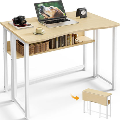 Folding Desk with Storage Shelf - 31.5 Inch Compact Computer Table for Small Spaces, Space-Saving Sofa Table, Writing and Office Use, Easy to Fold, Oak Finish