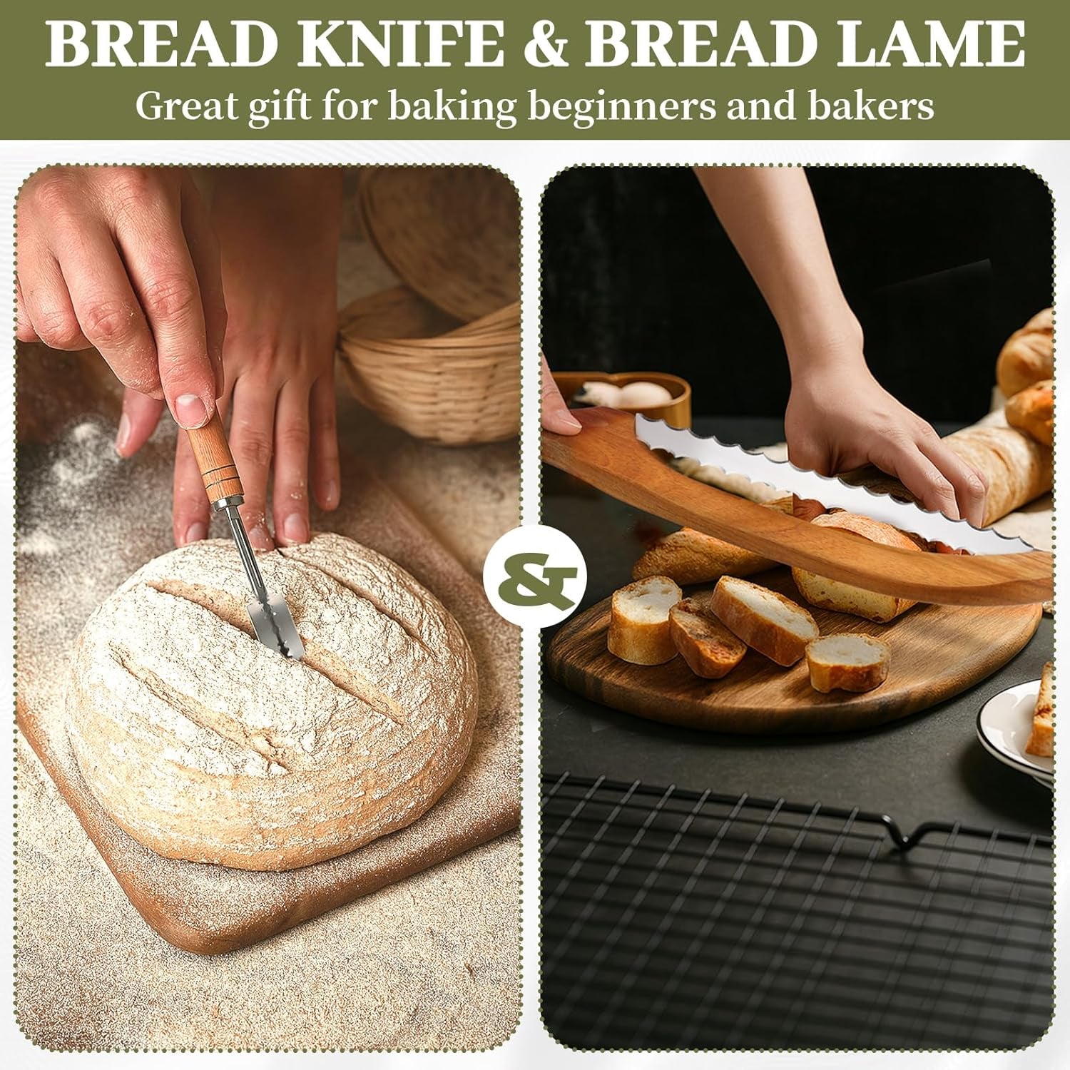 Serrated Bread Knife with Accessories - 15.7" Acacia Wood Bow, Double Serrated Stainless Steel Blades, Sourdough Bread Knife for Homemade Bread Sourdough, Bagels, Baguettes, Cheese, Fruit, Cake