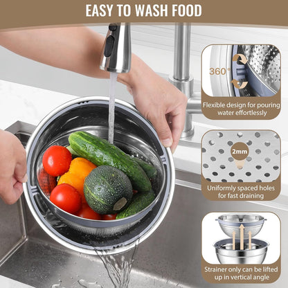 4-In-1 Stainless Steel Colander with Bowl Set, Rotatable Strainers for Kitchen, Fruit Cleaner, Washing Fruit & Draining Pasta, Mixing Bowl and Lid with Grater for Salad, Khaki