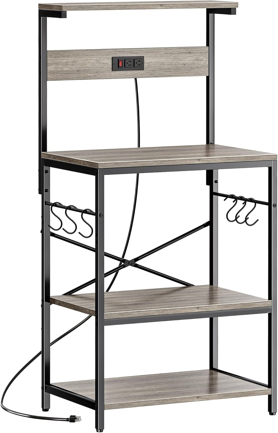 Professional Kitchen Bakers Rack with Power Outlet, Multi-Tier Coffee Bar Table, Microwave Stand, and Storage Shelf with S-Hooks - Greige