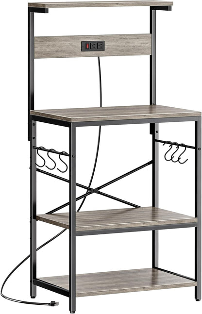 Professional Kitchen Bakers Rack with Power Outlet, Multi-Tier Coffee Bar Table, Microwave Stand, and Storage Shelf with S-Hooks - Greige