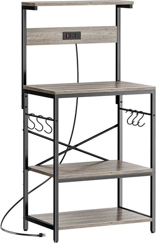 Professional Kitchen Bakers Rack with Power Outlet, Multi-Tier Coffee Bar Table, Microwave Stand, and Storage Shelf with S-Hooks - Greige