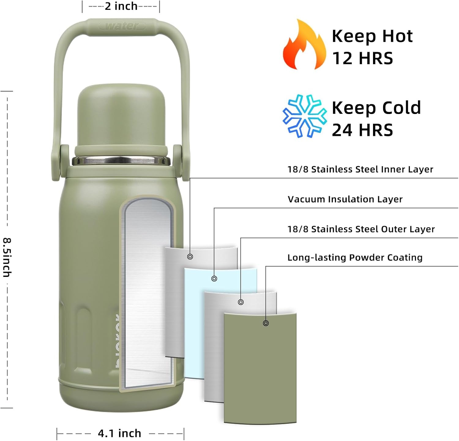 27Oz Insulated Thermal Water Bottle with Lid and Carry Handle BPA Free Stainless Steel Water Bottles for School,Army Green