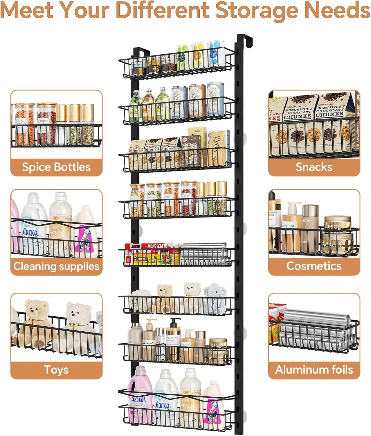 over the Door Pantry Organizer, 8-Tier Adjustable Spice Rack Cabinet Door Shelves, Hanging Seasoning Organizer for Kitchen Bathroom, Laundry Room Organization, Black