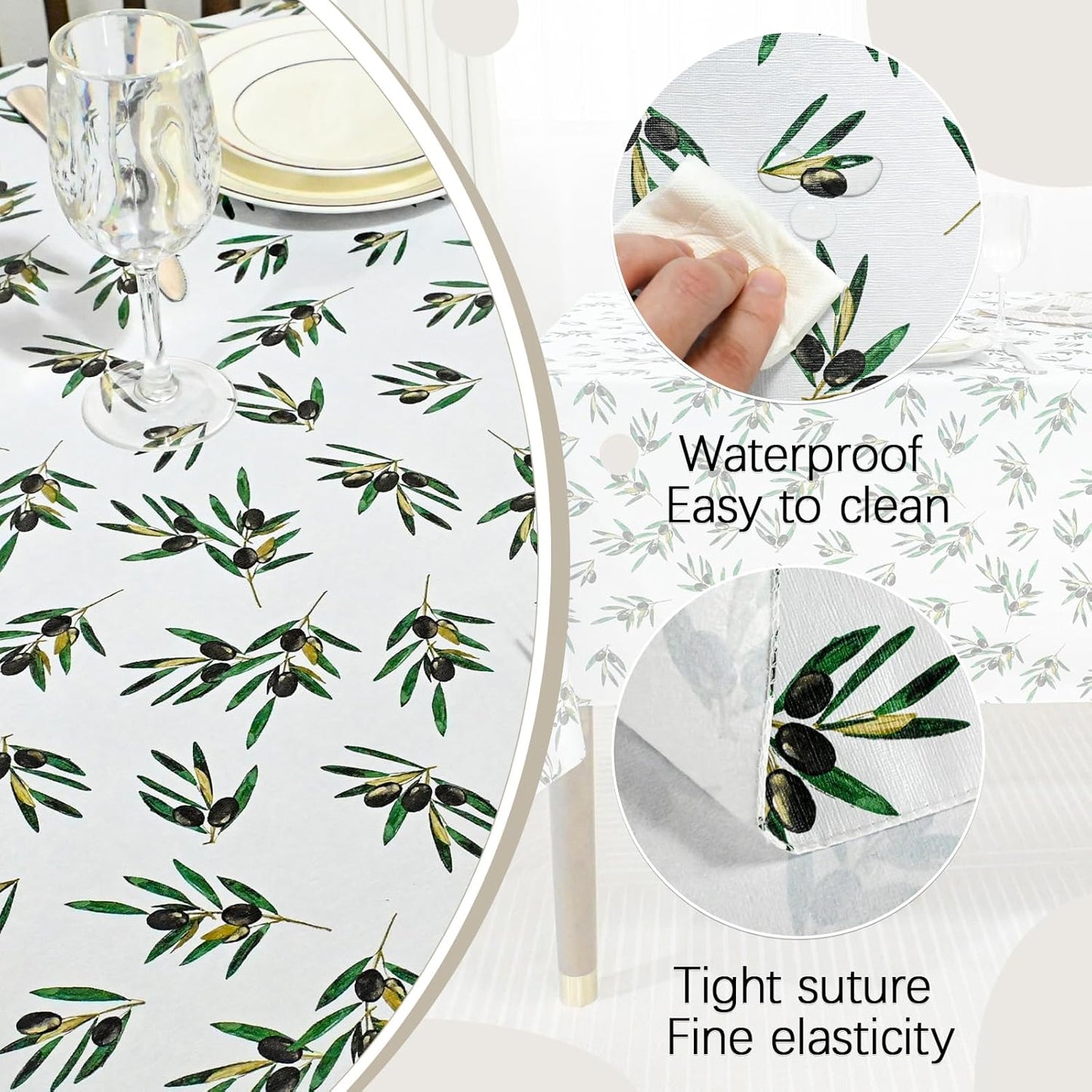 Rectangle Green Olive Table Cloth, Waterproof Vinyl Summer Tablecloth Flannel Backed, Wipeable Plastic Table Covers for Dinner, Kitchen and Outdoor 60" X 84"