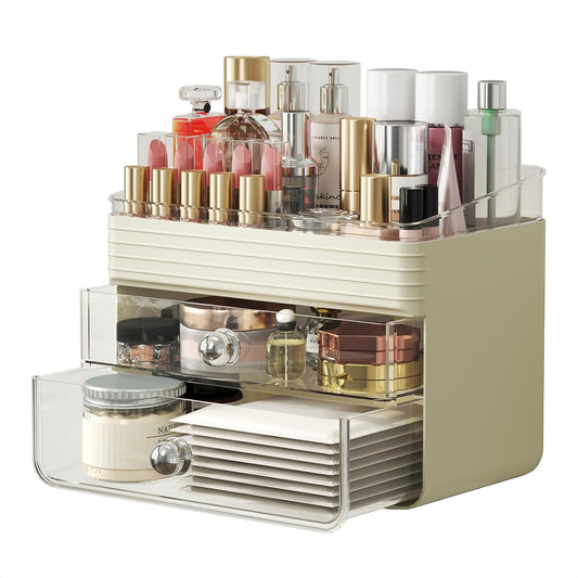 Makeup Organizer Countertop with Extra Large Drawer, Bathroom Organizers and Storage for Dresser, Vanity, No Install, Ideal for Large Skincare, Perfume, Present, and Women, Dual-Tone Color