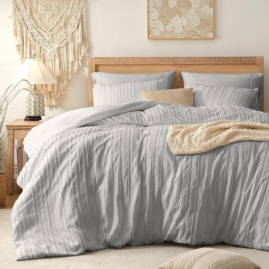 Light Grey Duvet Cover King Size - Striped Tufted King Duvet Cover Set with Zipper Closure, 3Pcs Soft Microfiber Boho Bedding Set for All Seasons (King, 104"X90")