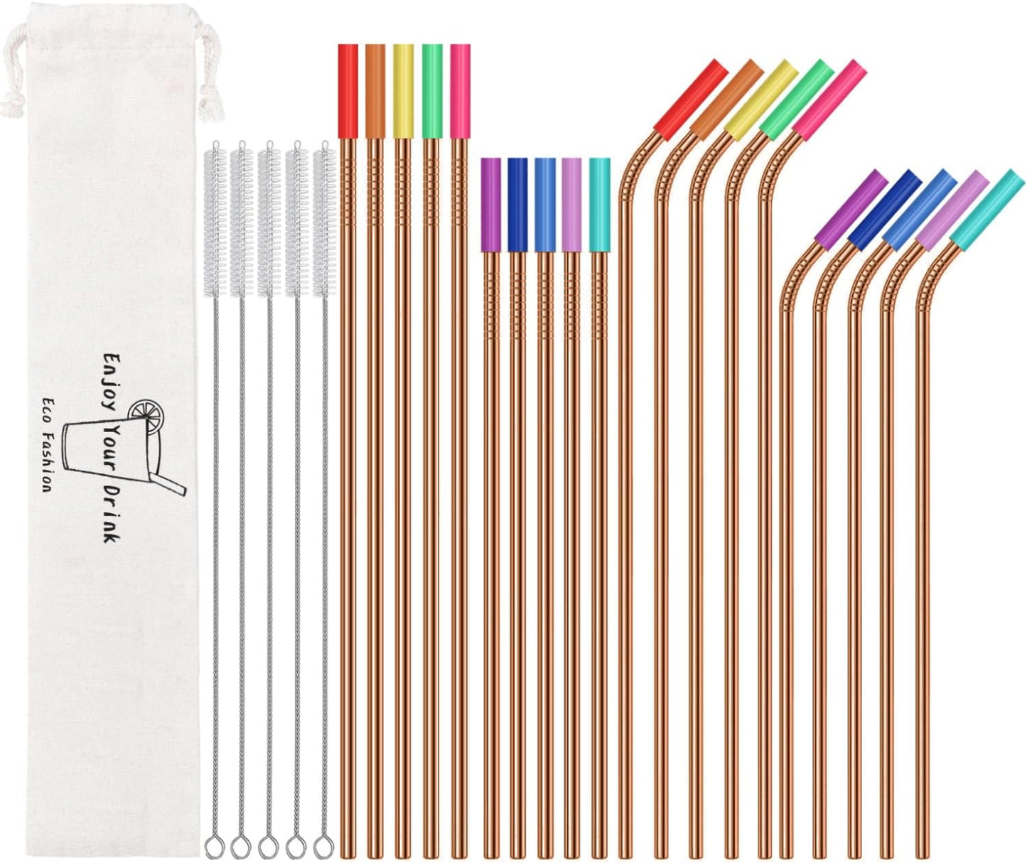 20 Pcs Rose Gold Reusable Stainless Steel Straws,10.5" & 8.5" Reusable Drinking Straws with 20 Silicone Tips 5 Straw Brushes 1 Travel Case,Eco Friendly Extra Long Metal Straw for 20 24 30 Oz Tumbler