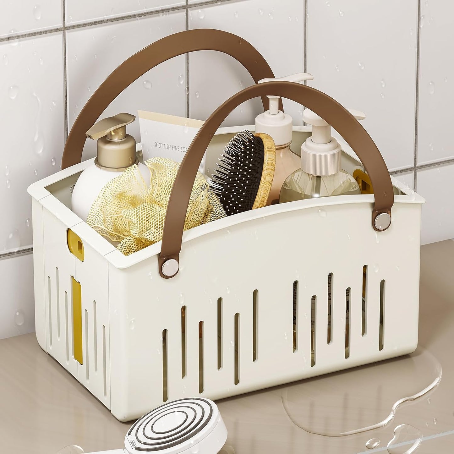 Portable Shower Basket Caddy with Double Handle Foldable Dry Wet Separation Design 11.0 × 7.1 × 6.5In, Travel, Camping, Gym, College Bathroom Tote, White, Ideal Christmas Gifts for Girls