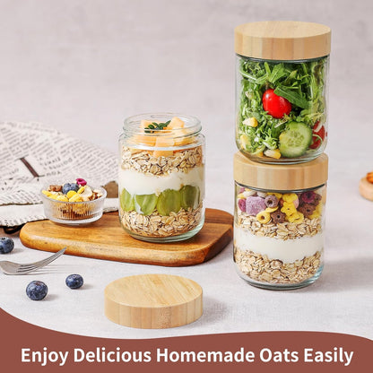 16 oz Glass Storage Jars with Bamboo Lids - 4 Pack Airtight Wide Mouth Containers for Meal Prep, Salads, Chia Pudding, Snacks, Yogurt, Sugar, Spice, and Cereal