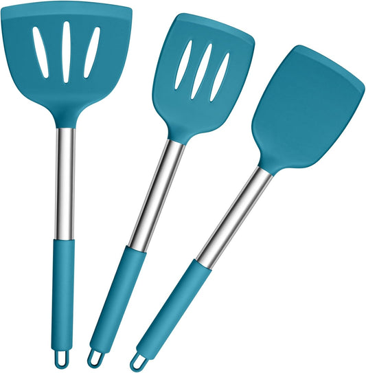 Silicone Cooking Utensils, 3 PCS Heatproof Kitchen Utensil Set for Flipping, Non-Stick Slotted & Solid Spatula Turner, Easy Clean & Non-Toxic, Blue