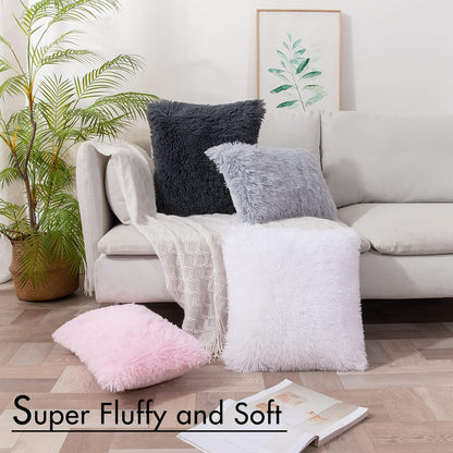 Pack of 2 Luxury Faux Fur Throw Pillow Cover Deluxe Winter Decorative Plush Pillow Case Cushion Cover Shell for Sofa Bedroom Car 18 X 18 Inch Black
