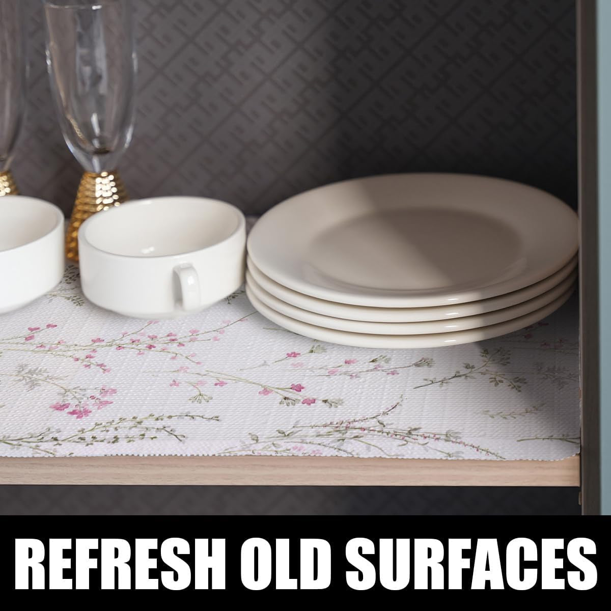 Floral Drawer and Shelf Liner for Cabinets, Non-Adhesive and Strong Non-Slip Flower Shelf Cabinet Drawer Liners for Kitchen,Table,Bookshelves,Waterproof Cupboard Liners,12In X 10FT