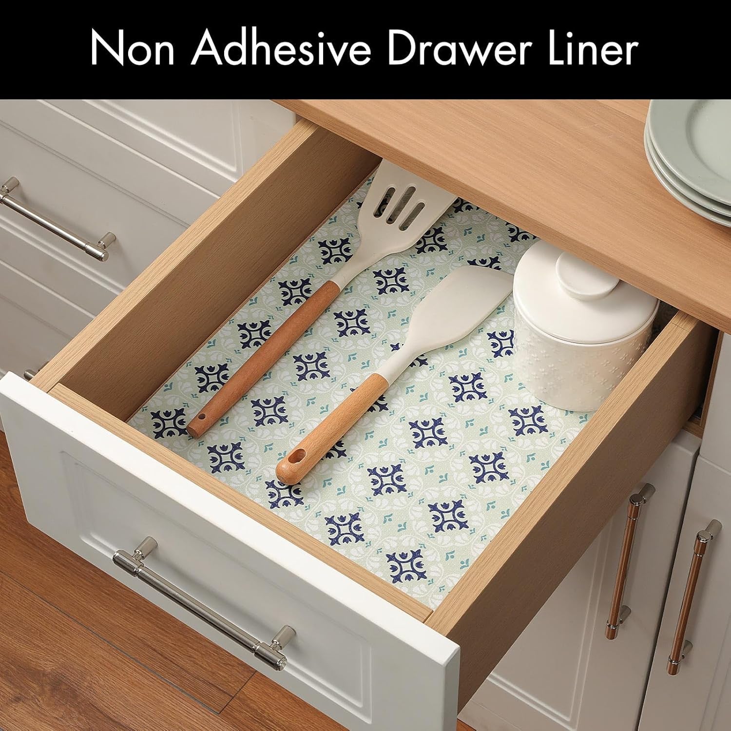 Shelf and Drawer Liners for Kitchen Cabinets, Non-Adhesive Cabinet Liners, EVA Waterproof Durable Shelf Paper for Refrigerator, Shelves, Cupboard with European Pattern, Easy to Cut
