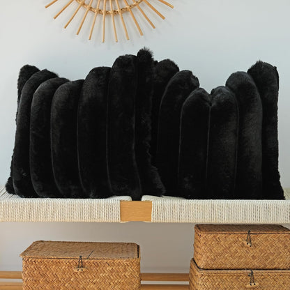 Pack of 2 Faux Fur Plush Decorative Throw Pillow Covers Couch Cushion Case Soft Fluffy Pillowcases Wide Stripe (Black, 18 X 18 Inch)