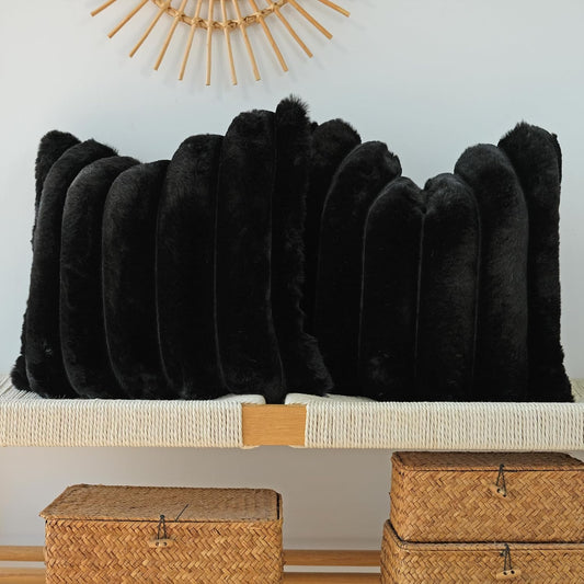 Pack of 2 Faux Fur Plush Decorative Throw Pillow Covers Couch Cushion Case Soft Fluffy Pillowcases Wide Stripe (Black, 18 X 18 Inch)