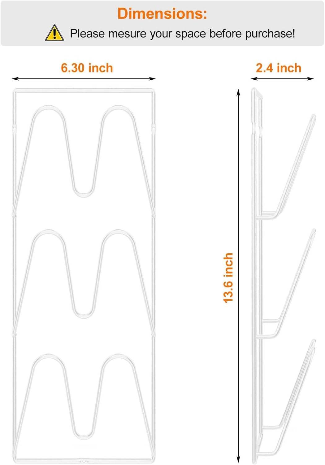 2 Pack Pot Lid Organizer Rack, 6-Tier Pot Lids Holder for Cabinet Door/Wall, No Drilling Adhesive Wall/Door Mounted Rustproof Pot and Pan Cover for Kitchen Storage, White