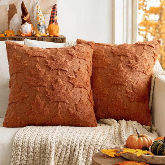 Fall Autumn Throw Pillow Covers 18X18 Rust Set of 2 Thanksgiving Decorative Solid Maple Leaf Pattern Accent Pillow Covers Soft Plush Faux Wool for Home Decor Holiday Outdoor Porch Bedroom