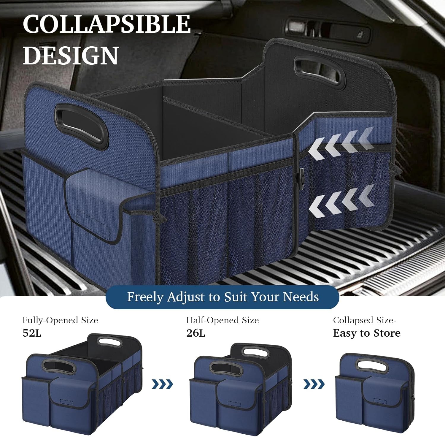 Car Trunk Organizer, Collapsible, Waterproof, Non-Slip, Blue, 52L, 5 Compartments, Rectangular, Portable, Practical/Functional