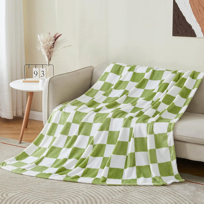 Checkered Throw Blanket for Couch, Soft & Cozy Fleece Flannel Blanket with Checkerboard Grid Home Decor, Checkered Green, 50X60 Inches