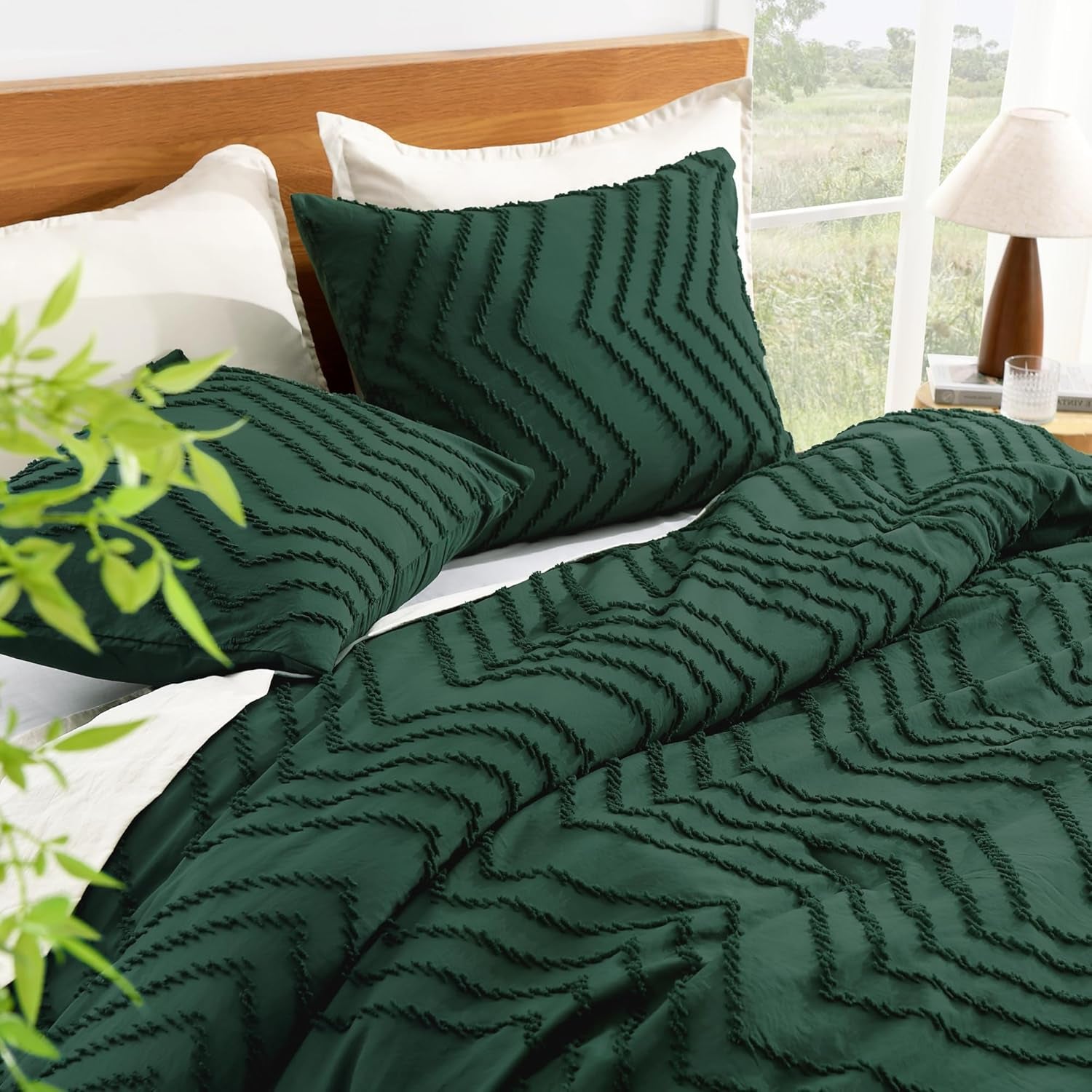 King Size Comforter Set Dark Emerald Green, 3 Pieces Lightweight Fluffy Comforter King Size Boho Tufted Comforter Bed Set Gift Choice