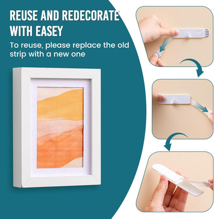 Picture Hangers 4 Pack, Adhesive Hanging Hooks without Nails, No Damage Sawtooth Hangers, Art Hanger for Bathroom Kitchen Home Door Closet, Inclue 2 Extra Strips