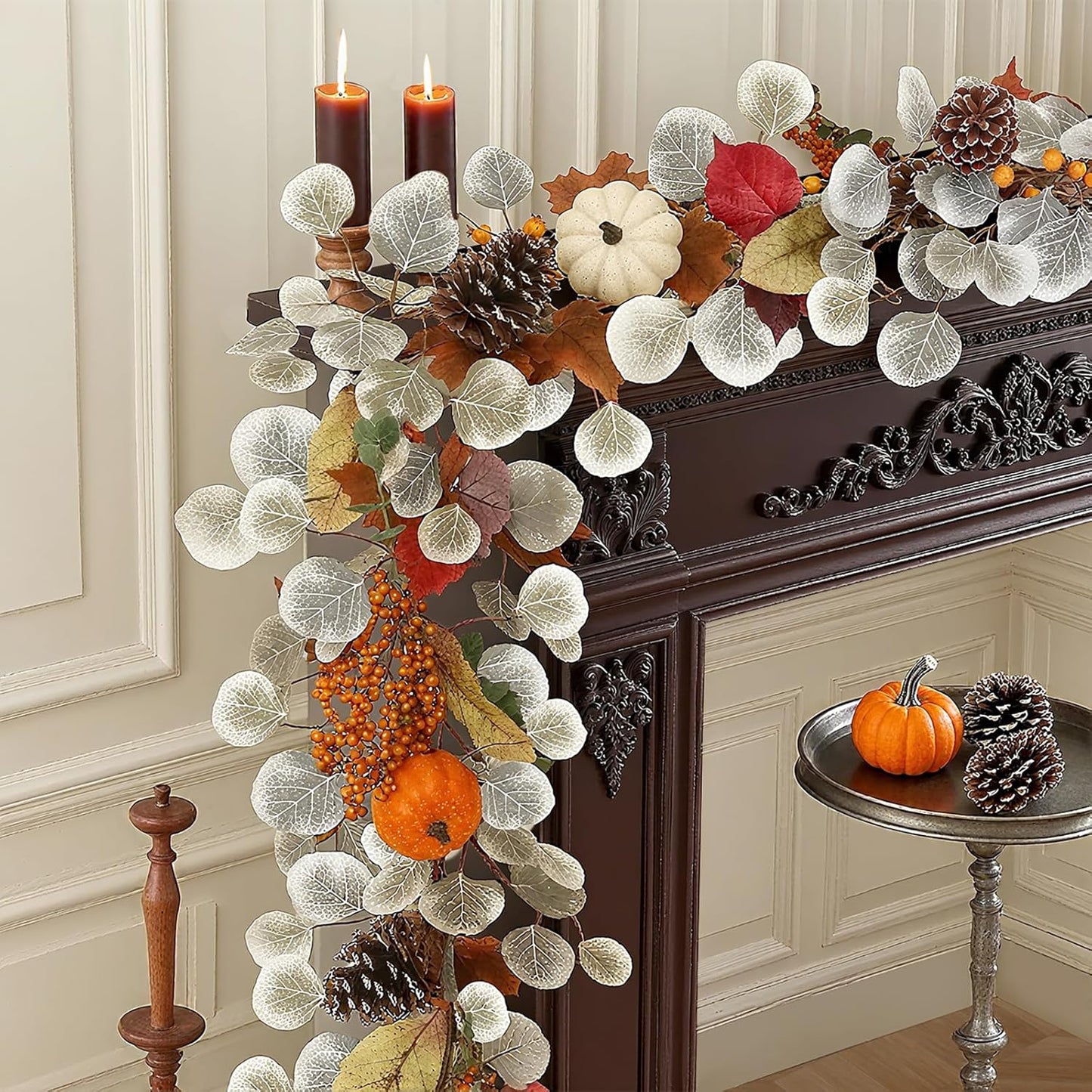 Fall Leaves Garland for Mantle, 6Ft Greenery Leaf Garland with Pumpkins and Fall Eucalyptus for Table,Mantle,Fireplace,Autumn and Thanksgiving Decor