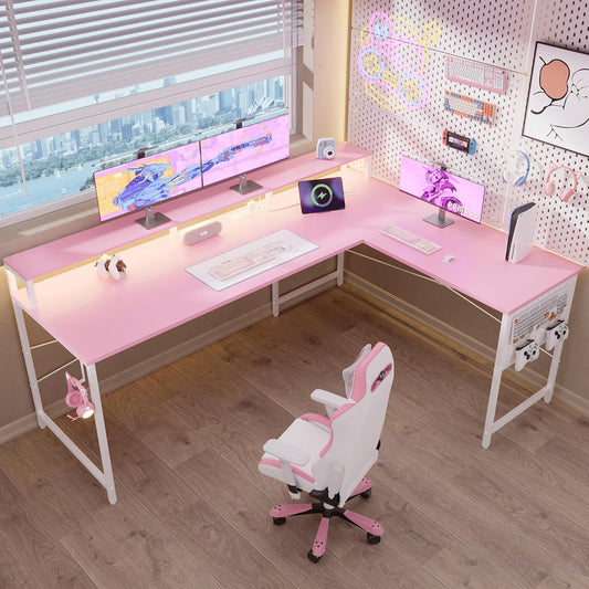 64 Inch L Shaped Gaming Desk with Power Outlets and Led Lights, Large Corner Computer Desk with Monitor Stand and Pegboard, PC Table for Home Office and Bedroom Pink
