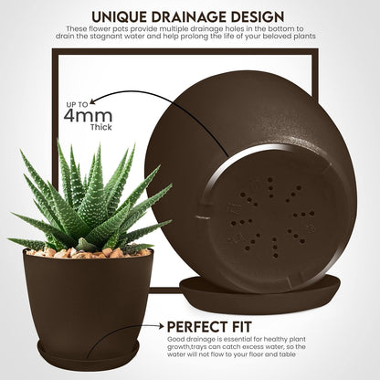 Plastic Planters - Flower Nursery Pots Indoor Modern Decorative Plastic Pots for Plants, Succulents, Flowers, and Cactus (5 Pack, Multisize, Brown)