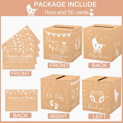 Brown Diaper Raffle Card Box for Baby Shower, 50 Pcs Diaper Raffle Tickets with Advice and Wishes, Gender Reveal Baby Shower Games, Party Decorations Supplies