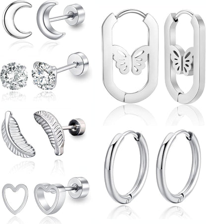 6 Pairs Stainless Steel Stud Earrings Set for Women Men Moon Heart Leaf Butterfly Circle CZ Studs Hypoallergenic Tiny Cartilage Stud Earrings Flatback Earrings