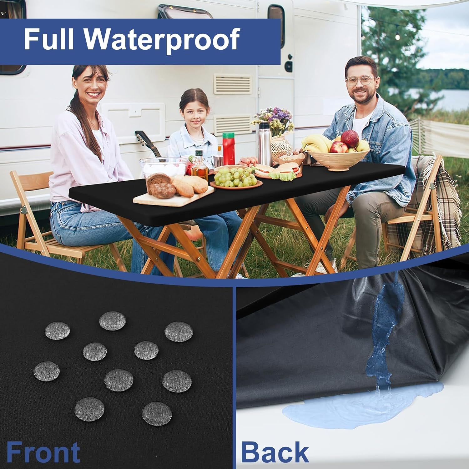 6 Foot Rectangle Elastic Fitted Tablecloth, Waterproof Fabric Table Cover, Washable Polyester Table Cloth for Dinner, Party, Fall (Black, 30" X 72")