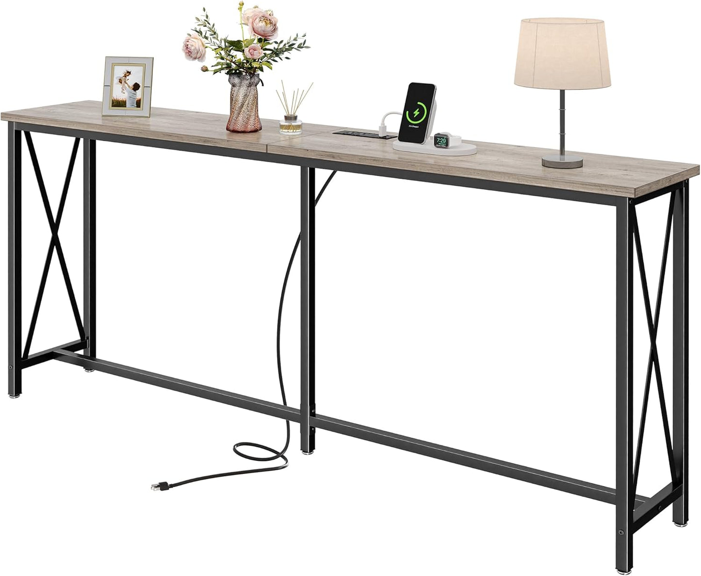 70-Inch Console Table with Integrated Outlets and USB-C Port, Extra Long X-Shaped Design for Entryway and Living Room, Metal Frame with Wooden Top in Grey Oak