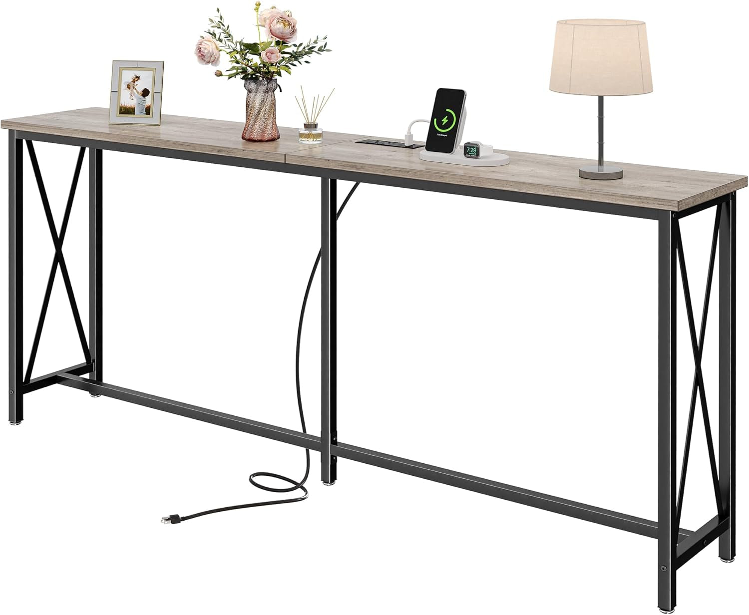 70-Inch Console Table with Integrated Outlets and USB-C Port, Extra Long X-Shaped Design for Entryway and Living Room, Metal Frame with Wooden Top in Grey Oak
