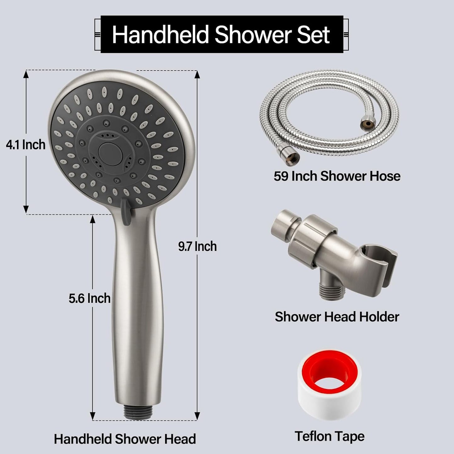High-Pressure Handheld Shower Head with 5 Settings, 59-Inch Stainless Steel Hose and Bracket, Brushed Nickel Finish