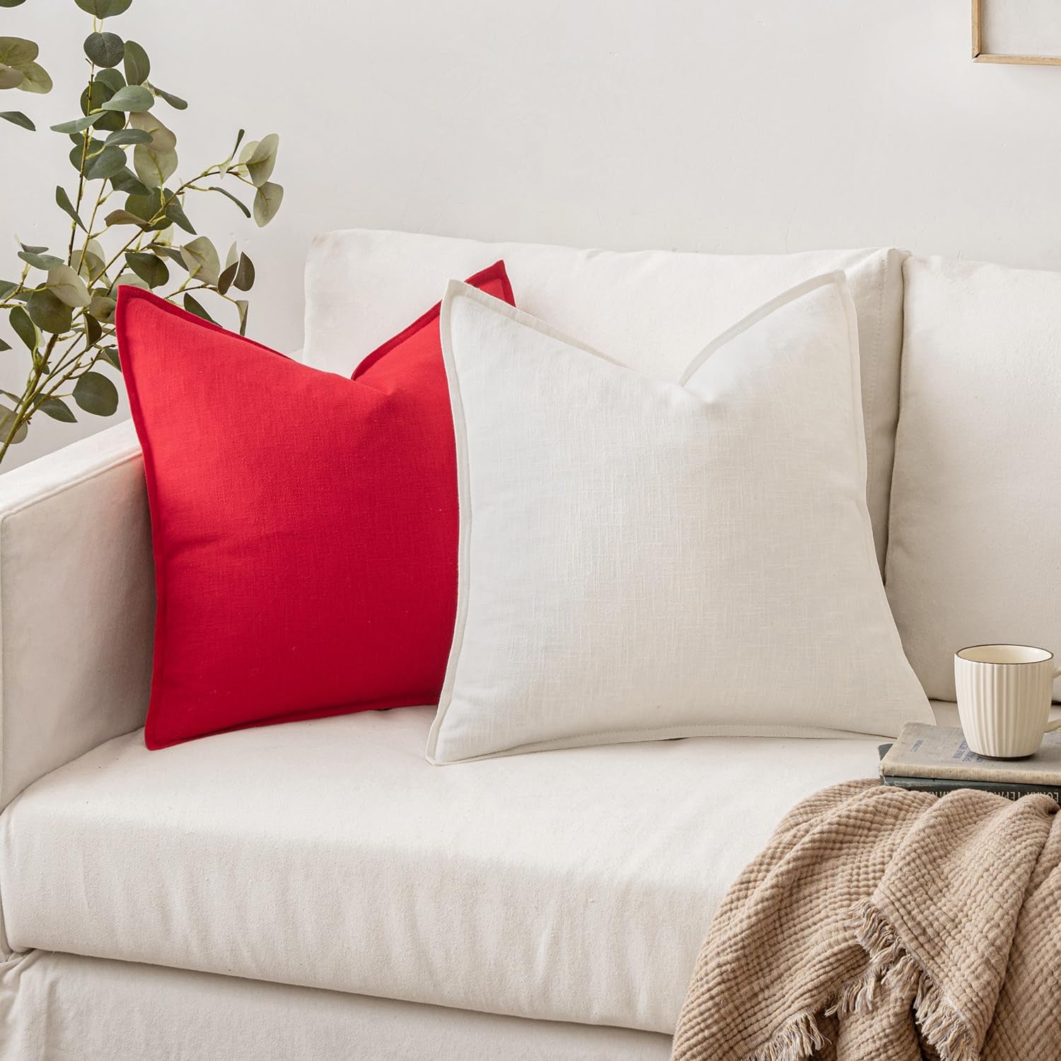 Set of 2 Decorative Linen Pillow Covers, 18x18 Inches, Red Farmhouse Solid Neutral Throw Pillowcases for Sofa, Couch, and Bed Decor in Living Room