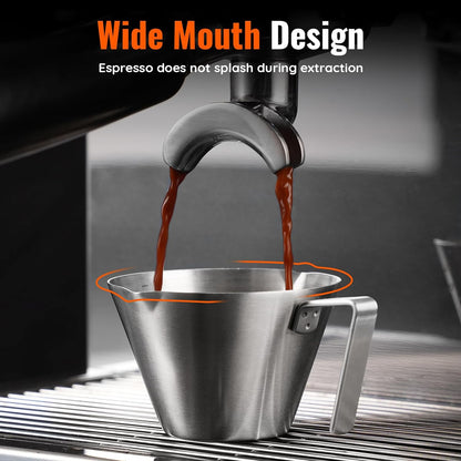 Espresso Cup with Handle, Stainless Steel Espresso Accessories, Double Spout Metal Measuring Cup with Dual Scale, Espresso Shot Pitcher with V-Shaped Mouth, 3.4OZ/100ML