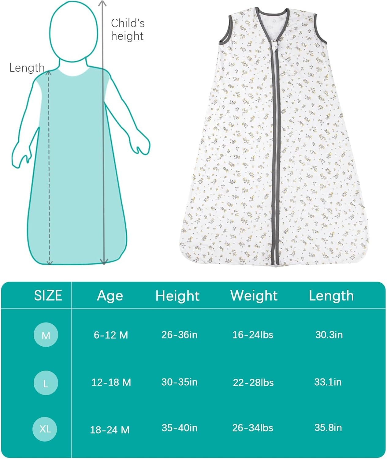 Baby Sleep Sack 18-24 Months, 100% Cotton Toddler Sleeping Bag, 2-Way Zipper Wearable Blanket for Baby, 0.5 TOG