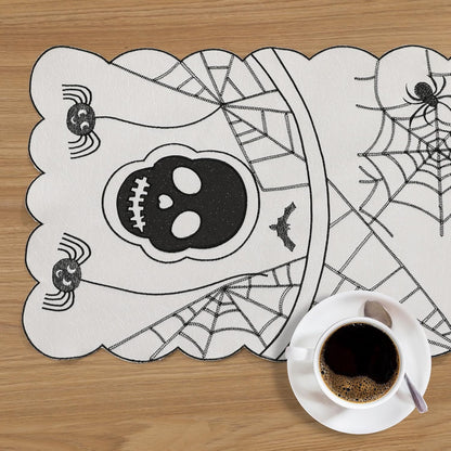 Fall Halloween Table Runner 36 Inches Long, Embroidered Black Spiders, Bats and Skull Table Runner Dresser Scarf for Home Dining Autumn Thanksgiving Tabletop Decoration, 13"X36"