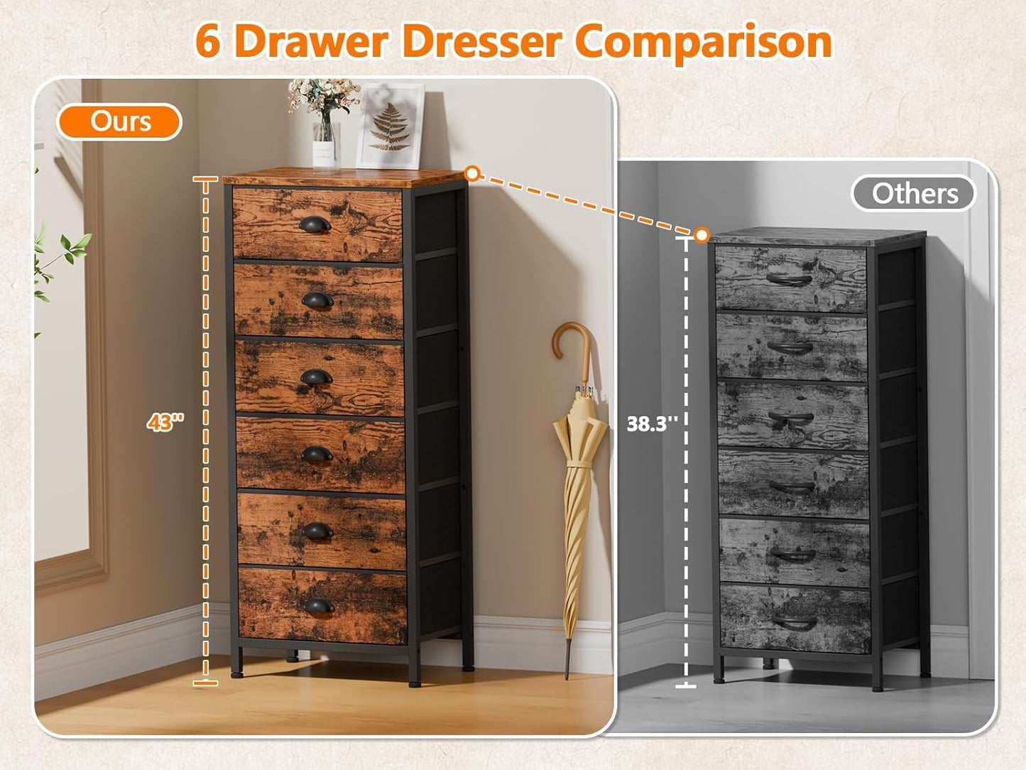 Industrial-Style Tall Dresser with 6 Drawers, Vertical End Table, and Nightstand for Bedroom, Featuring Fabric Storage Drawer Organizer for Living Room, Closet, and Entryway (Rustic Brown)
