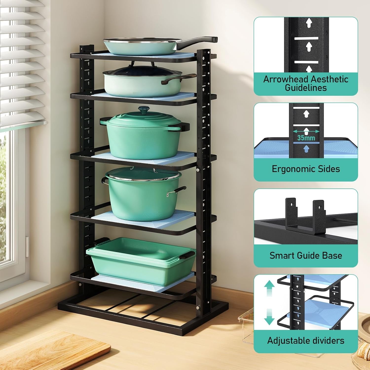 Pots and Pans Organizer for under Cabinet, 6-Tier Heavy Duty Adjustable Pan Pot Organizers inside Cabinet, Pot Rack for Kitchen Cabinet Organizers and Storage Black Holds 66 Lbs