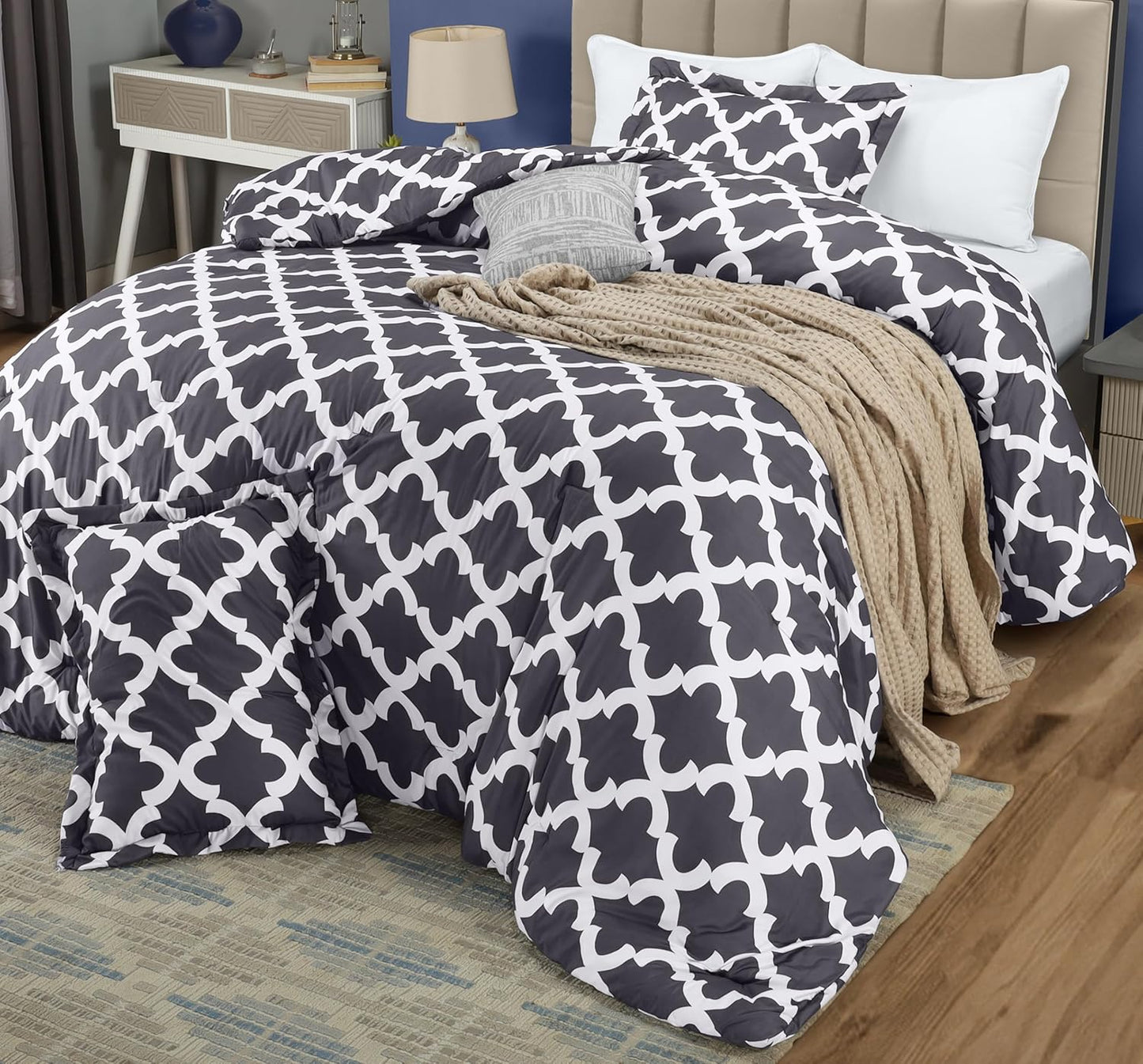 King Comforter Set Grey, Printed Comforters King Size, 3 Piece Lightweight All Season down Alternative Bedding Set with 1 Comforter (90 X 102 In) and 2 Pillow Shams (20 X 36 In)