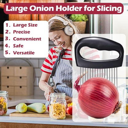 Extra-Large Onion Holder for Slicing, Onion Cutter Vegetable Chopper, Extra-Large Tomato Slicer with 16 Long Needles, Stainless Steel Tomato Potato Slicer, Meat Tenderizer, Food Slicing Guide
