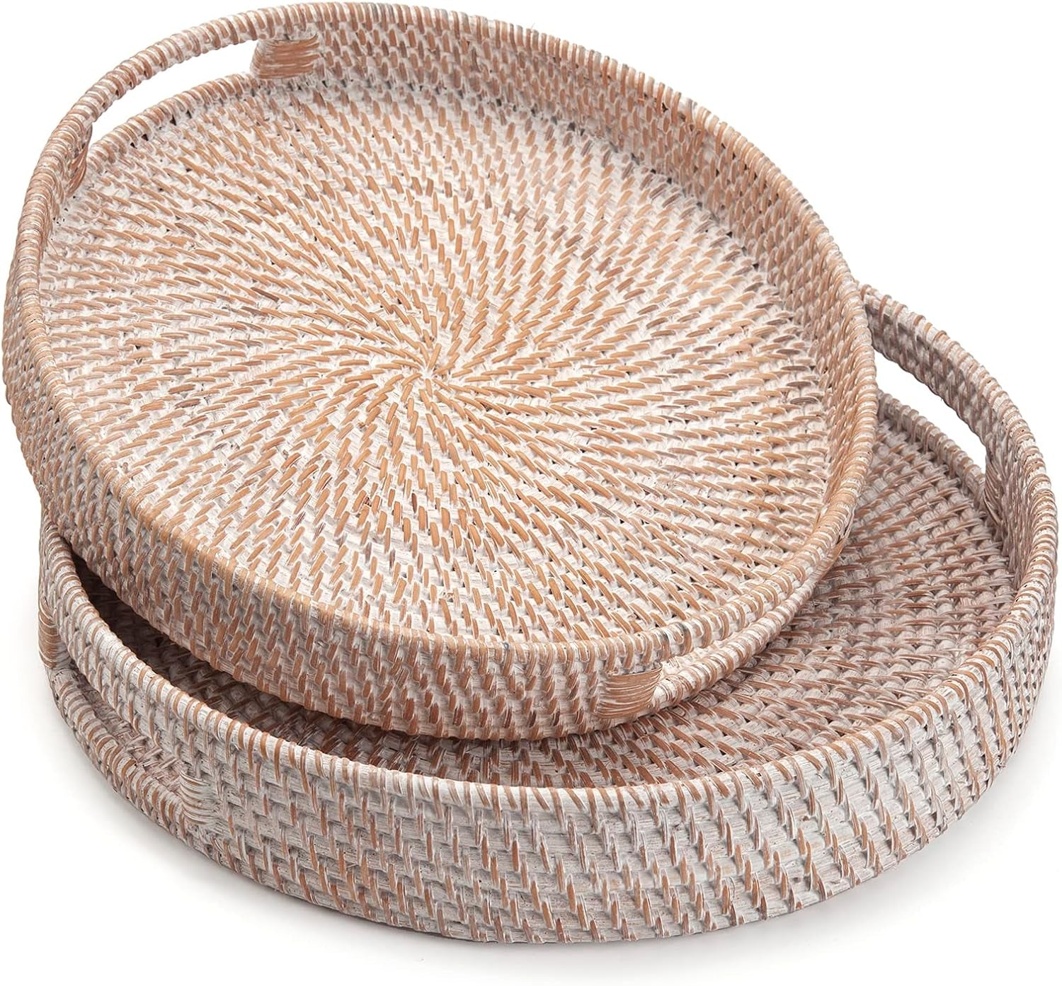 Coffee Table Tray round Rattan Ottoman Tray Woven Serving Trays with Handles for Home and Kitchen Decorative White (Large 14 Inch X 2.8 Inch)
