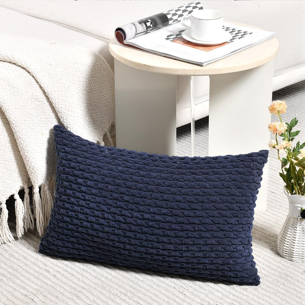 2 Packs Navy Blue Decorative Throw Pillow Covers 12X20 Inch for Couch Bed Sofa, Modern Farmhouse Boho Home Decor, Soft Cute Plush Corduroy Cushion Case 30X50 CM