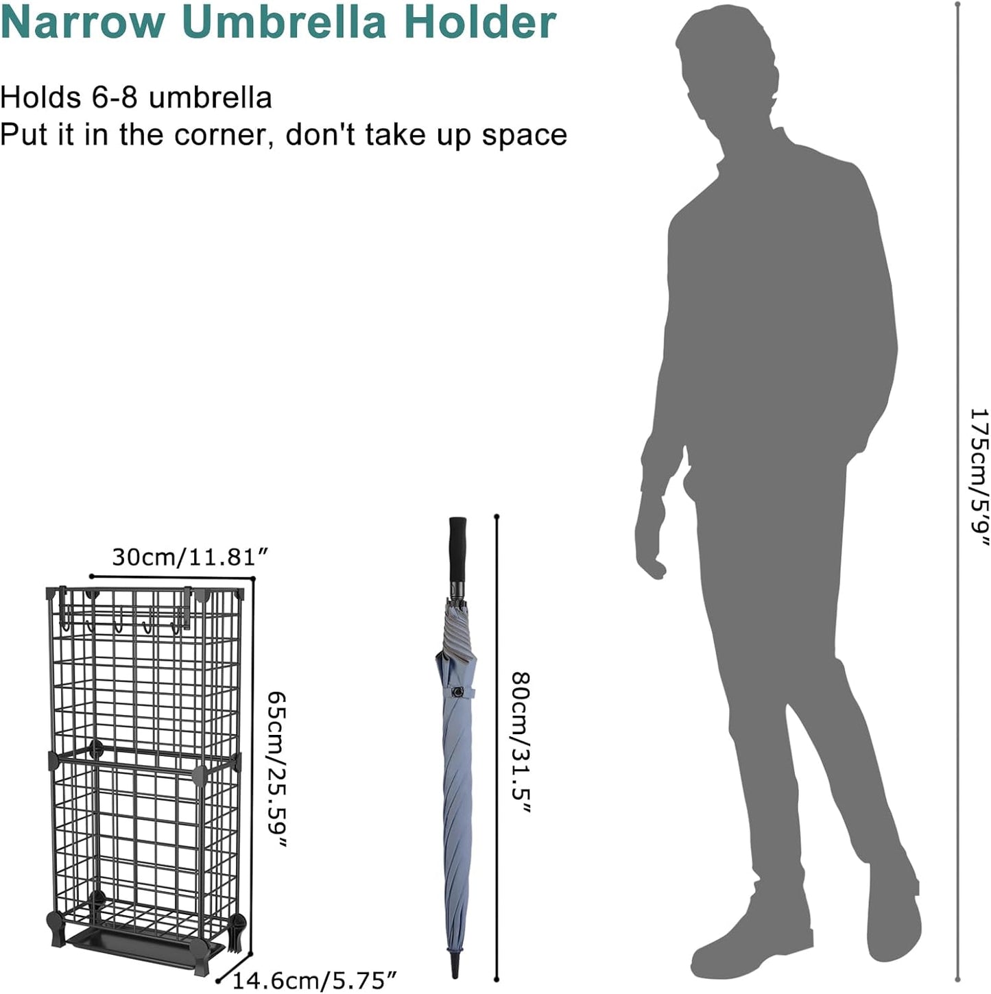 Umbrella Holder Entryway, Umbrella Stand Freestanding, Metal Square Umbrella Rack Organizer with a Removable Drip Tray, Hooks, Black