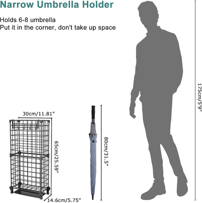 Umbrella Holder Entryway, Umbrella Stand Freestanding, Metal Square Umbrella Rack Organizer with a Removable Drip Tray, Hooks, Black